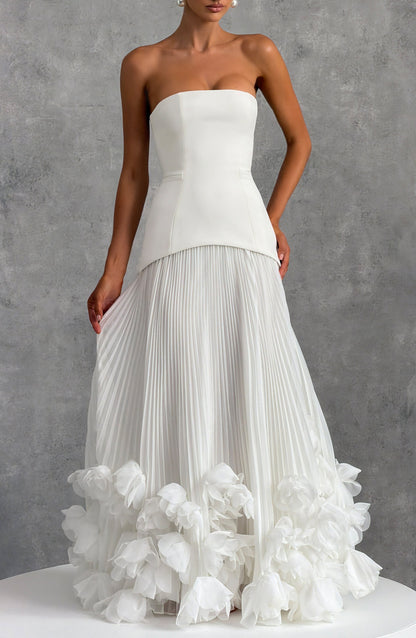Women ivory strapless maxi dress, back view