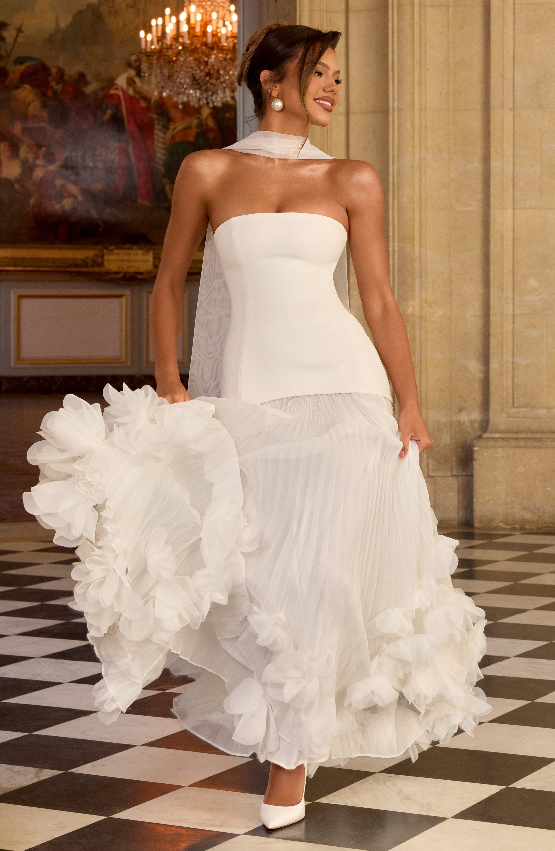 Women ivory strapless maxi dress, side view