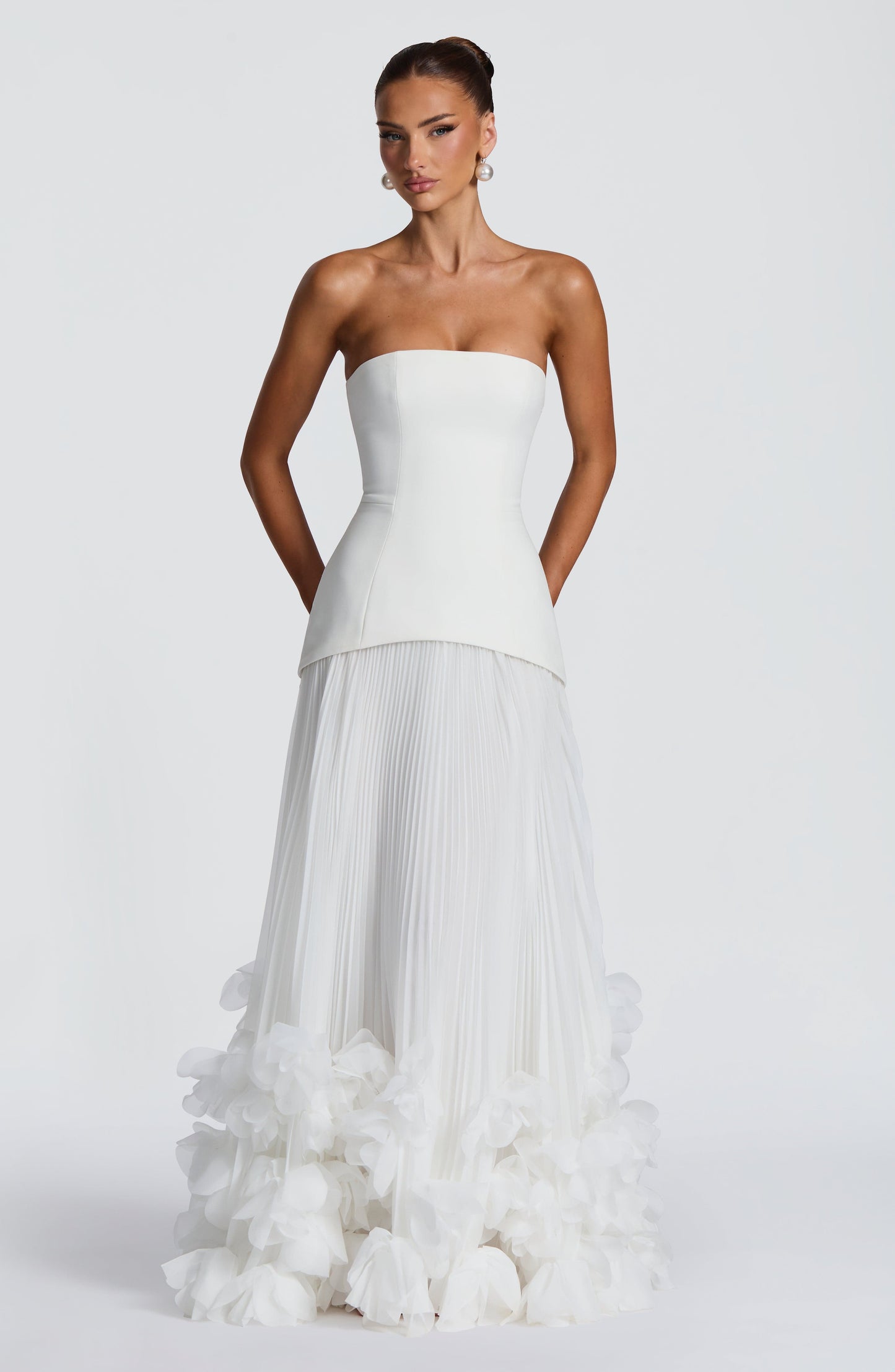 Women ivory strapless maxi dress, front view