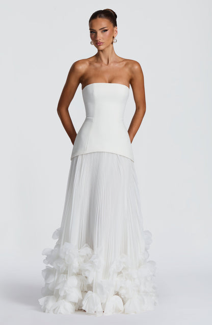 Women ivory strapless maxi dress, front view