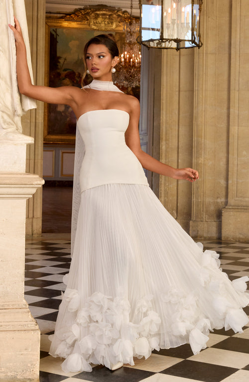 Women ivory strapless maxi dress, front view