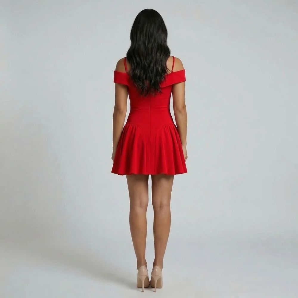 Red mini dress with off-shoulder neckline and flared skirt — back view.
