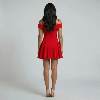 Red mini dress with off-shoulder neckline and flared skirt — back view.