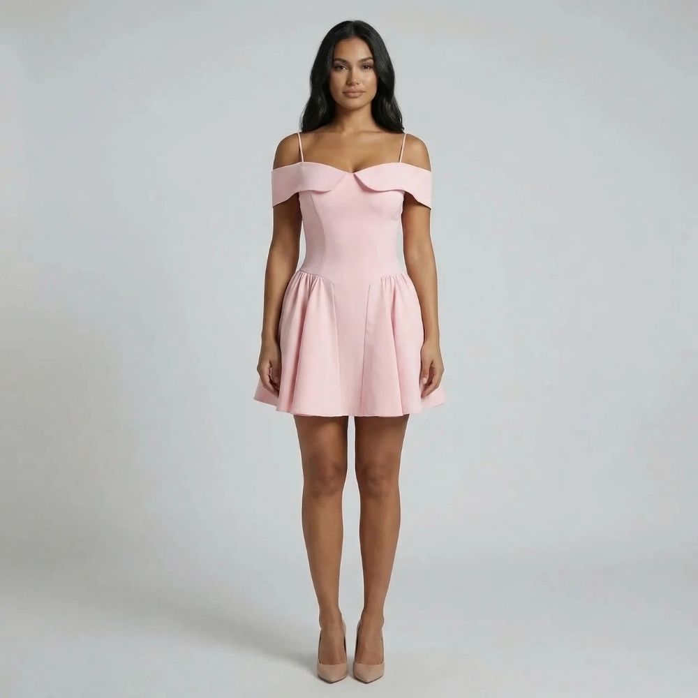 Pink mini dress with foldover neckline and flared skater skirt — front view of another color variant.