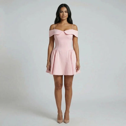 Pink mini dress with foldover neckline and flared skater skirt — front view of another color variant.