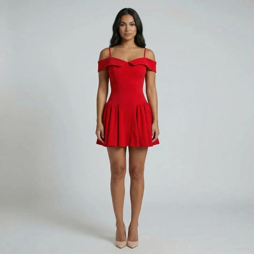 Red mini dress with foldover off-shoulder neckline and flared skirt — front view.