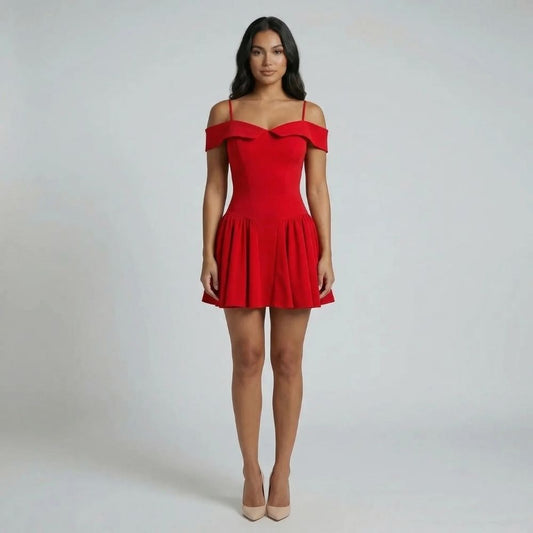 Red mini dress with foldover off-shoulder neckline and flared skirt — front view.