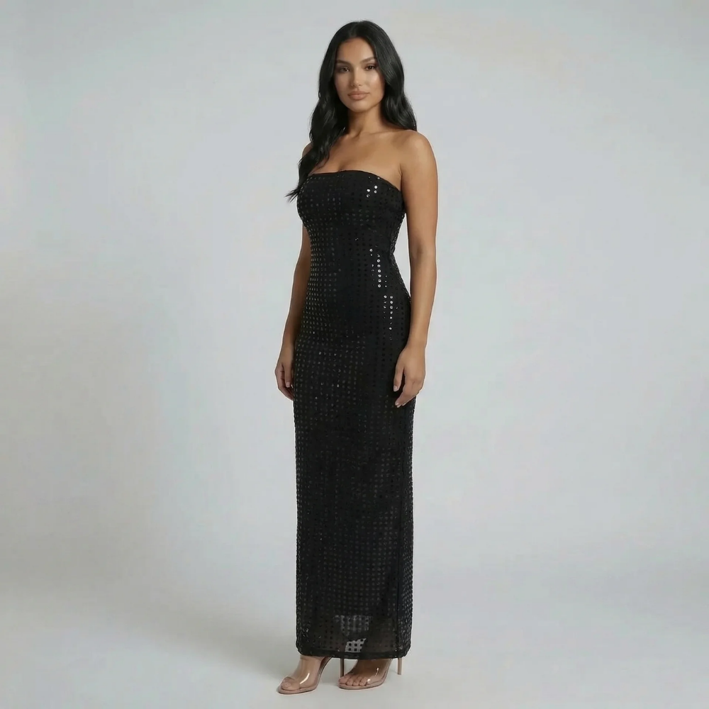 Black sequin strapless maxi dress — front view with bandeau neckline and sculpted fit