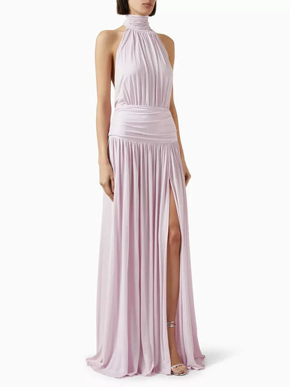 Women pink halter maxi dress, side view