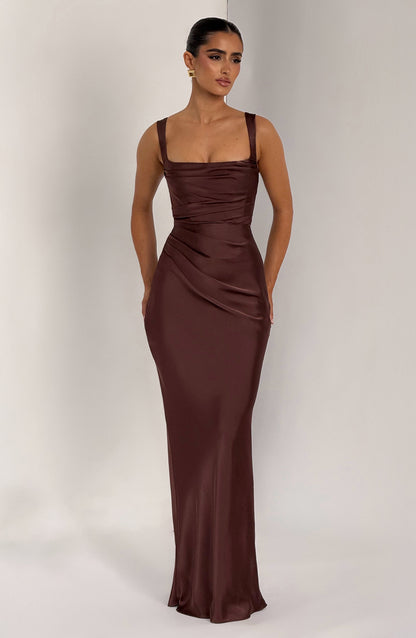 Women brown maxi dress, front view