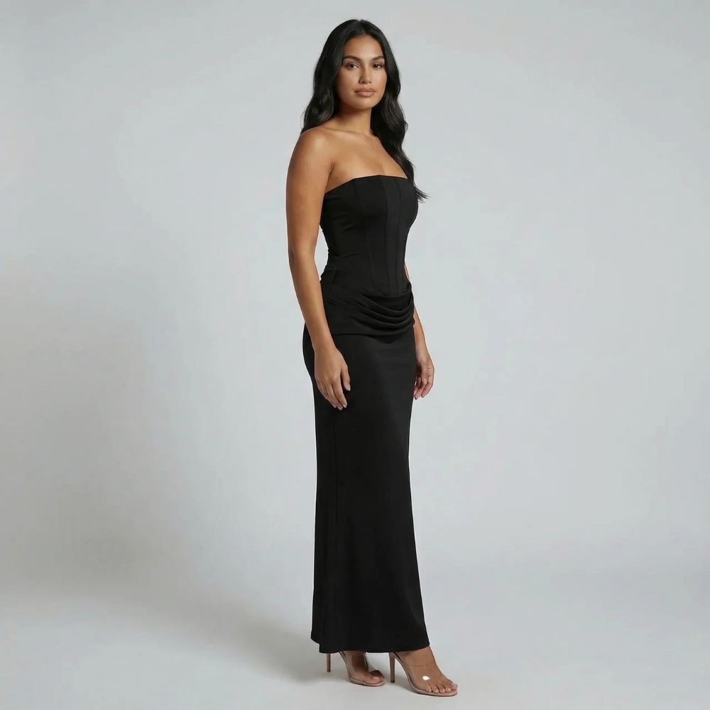 Black strapless lace-up maxi dress — front view showcasing corset bodice fit