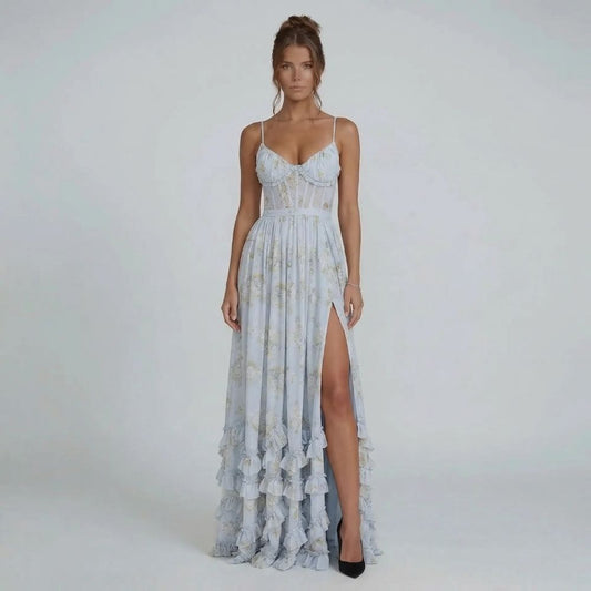 Blue floral corset maxi dress with tiered ruffles and high side slit — front view showcasing feminine silhouette