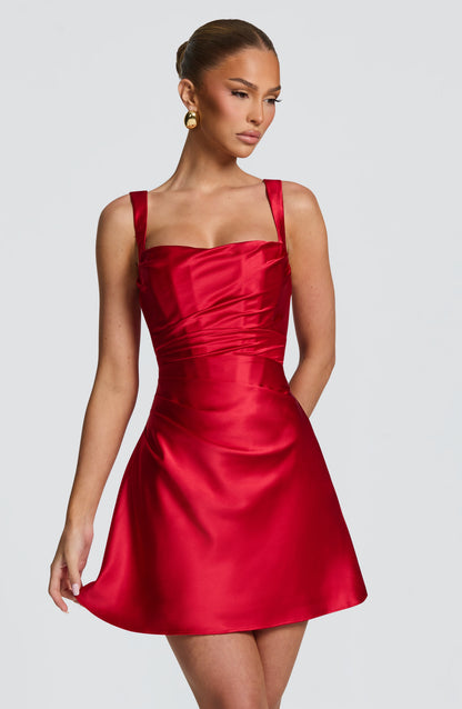 Women red square neck mini dress, back view