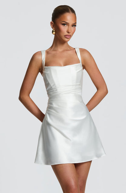 Women ivory square neck mini dress, side view