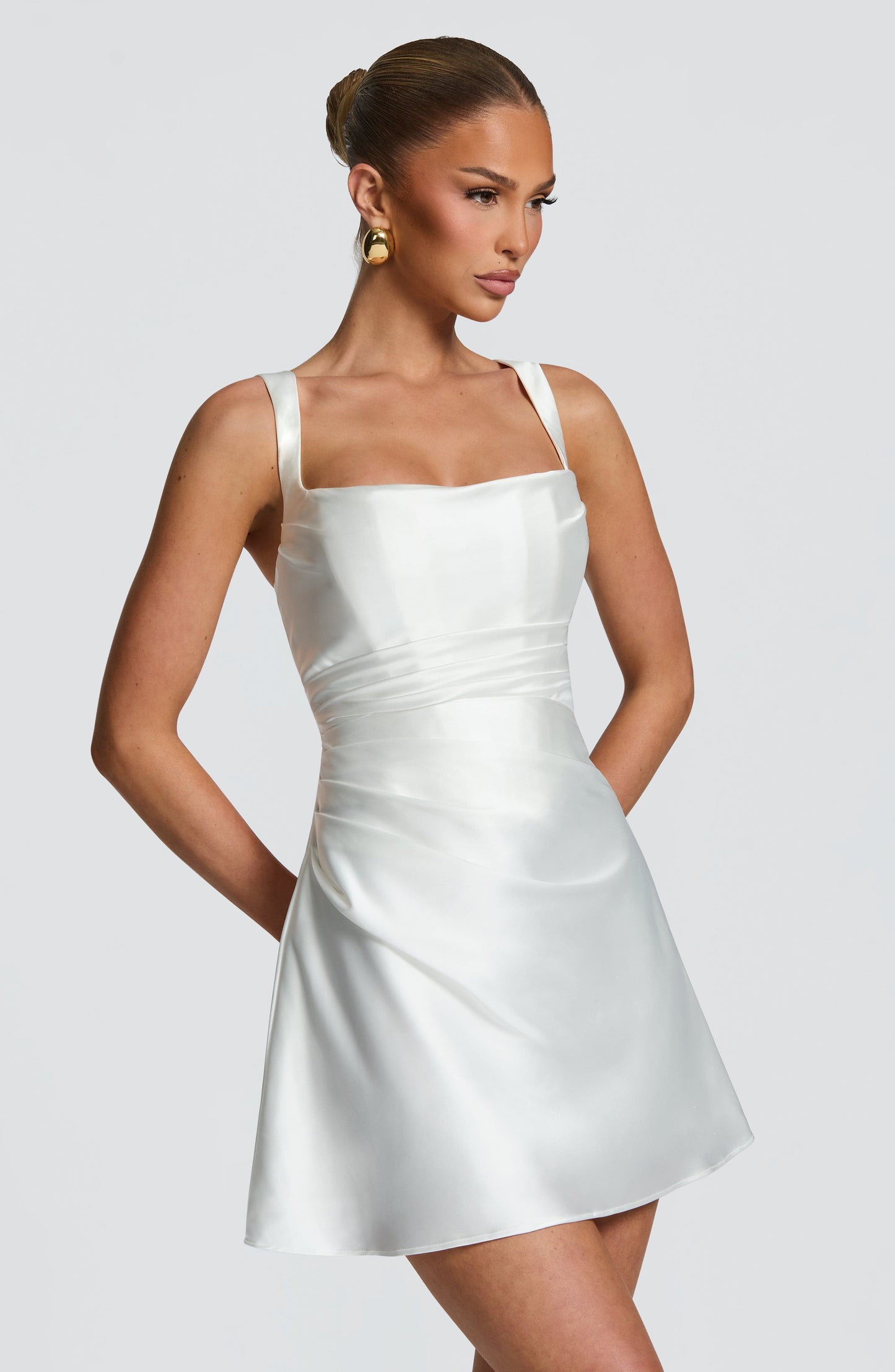 Women ivory square neck mini dress, detail close-up