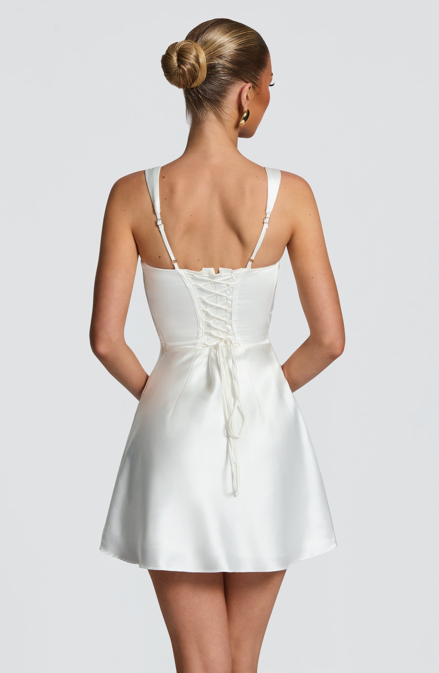 Women ivory square neck mini dress, front view