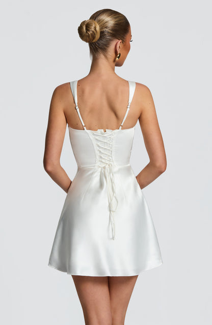 Women ivory square neck mini dress, front view