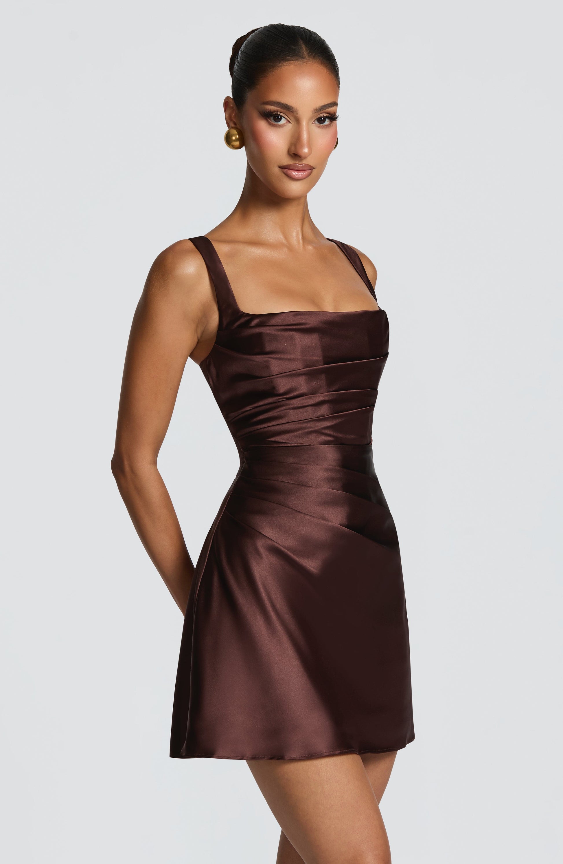 Women square neck mini dress, back view