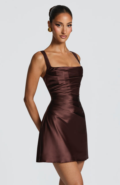 Women square neck mini dress, back view