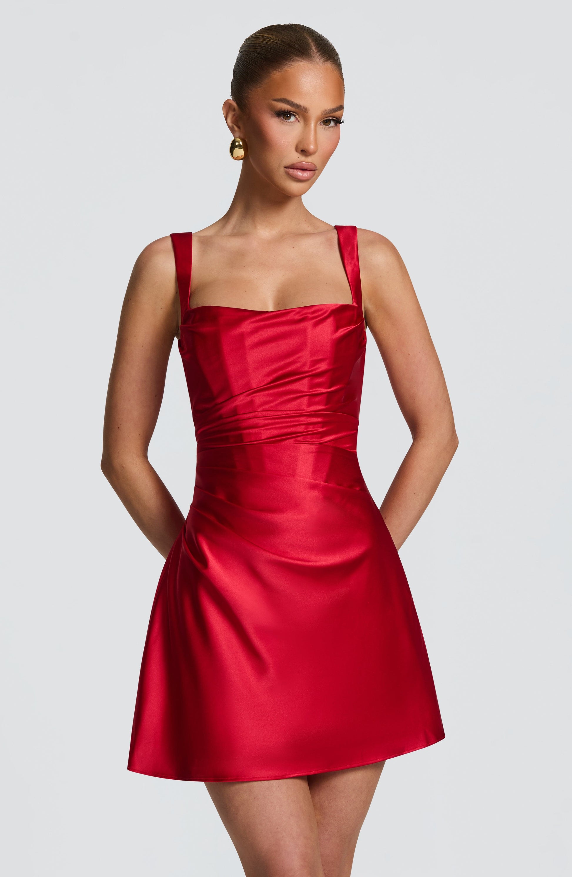 Women red square neck mini dress, front view