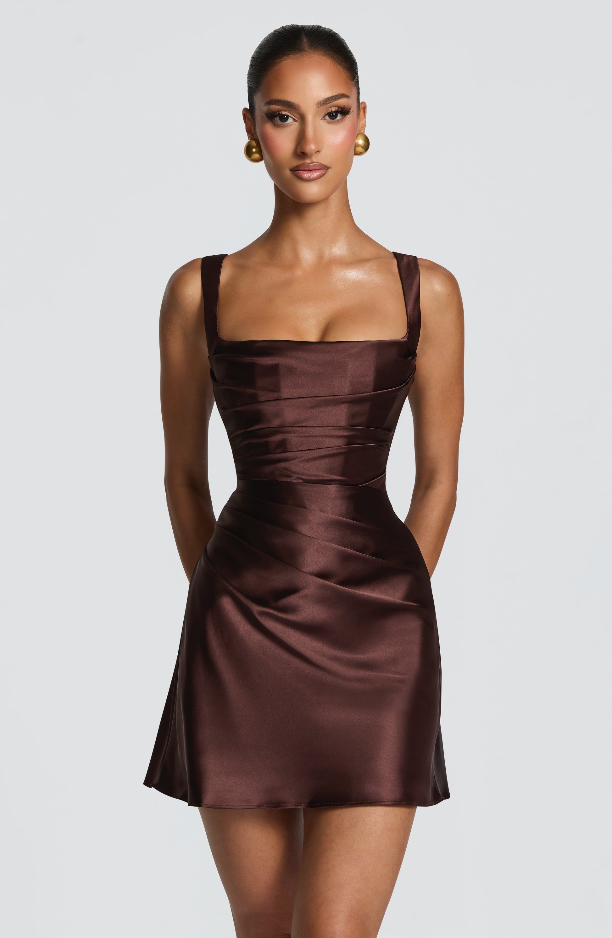 Women square neck mini dress, front view