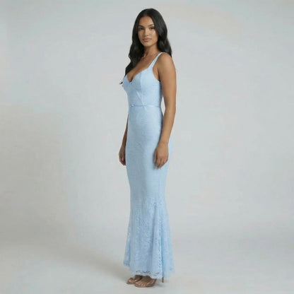Sky blue floral lace maxi dress — left profile emphasizing corset bodice fit and flared hem.