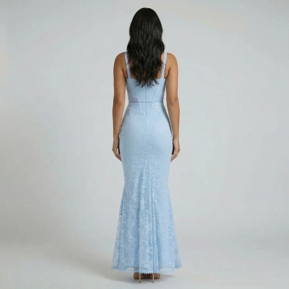 Sky blue floral lace maxi dress — back view showing lace overlay and zipper closure detail.