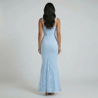 Sky blue floral lace maxi dress — back view showing lace overlay and zipper closure detail.