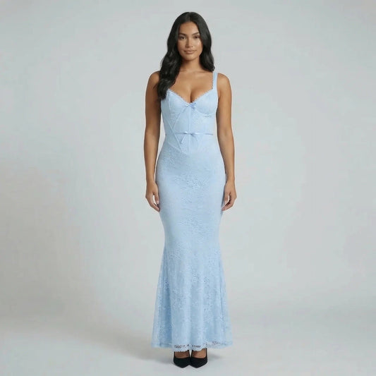 Sky blue floral lace maxi dress — front view displaying sweetheart neckline and mermaid hemline.
