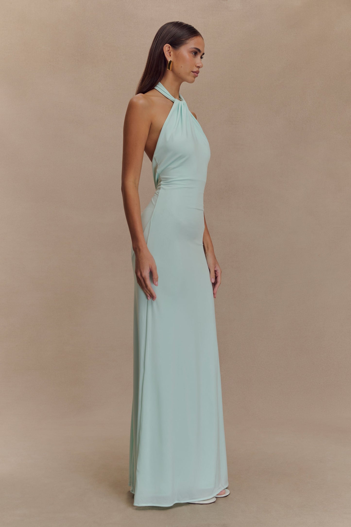 Women light blue halter maxi dress, back view