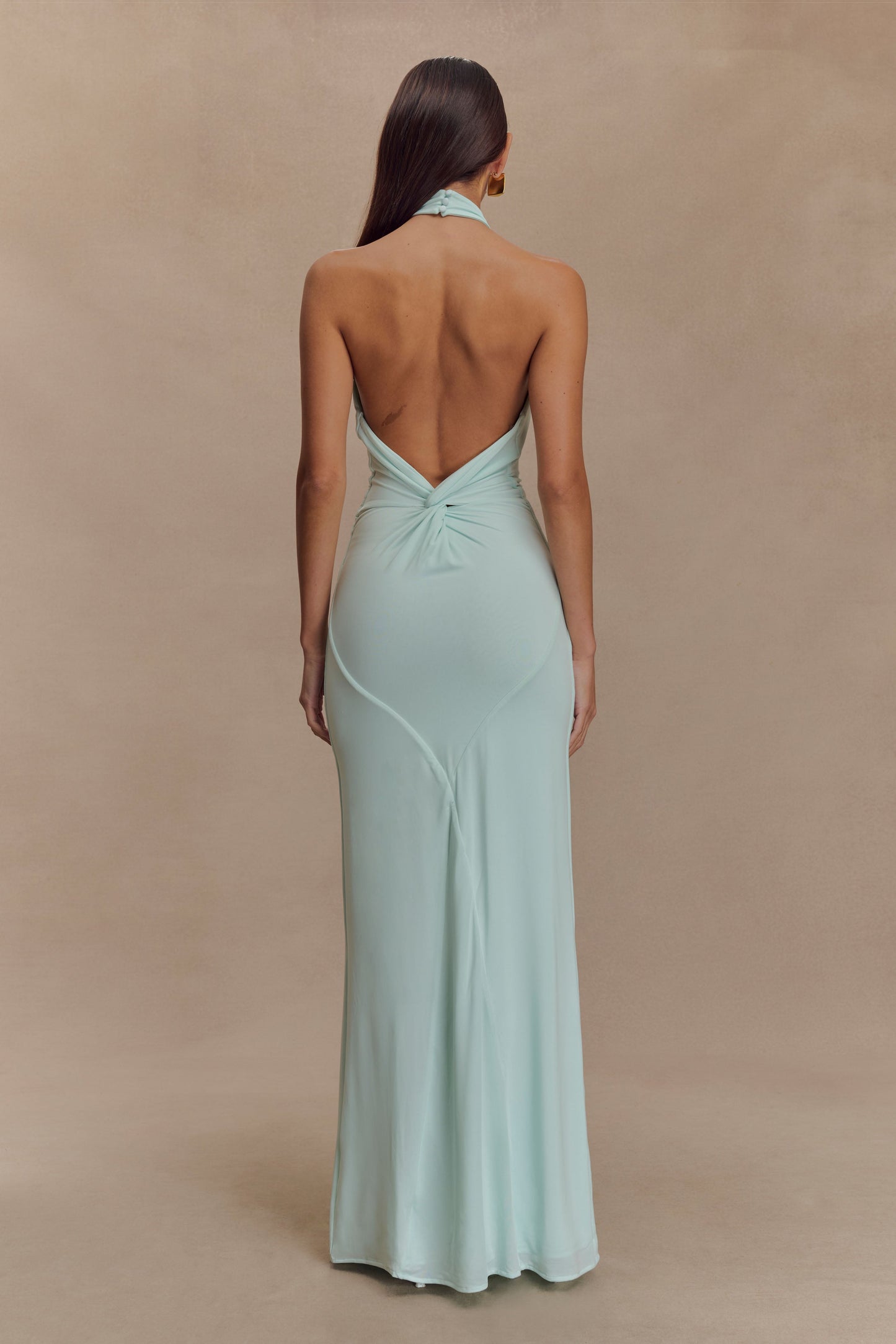 Women light blue halter maxi dress, detail close-up