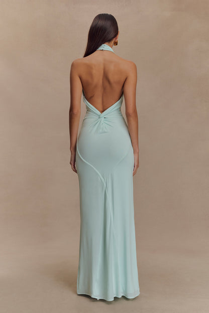 Women light blue halter maxi dress, detail close-up
