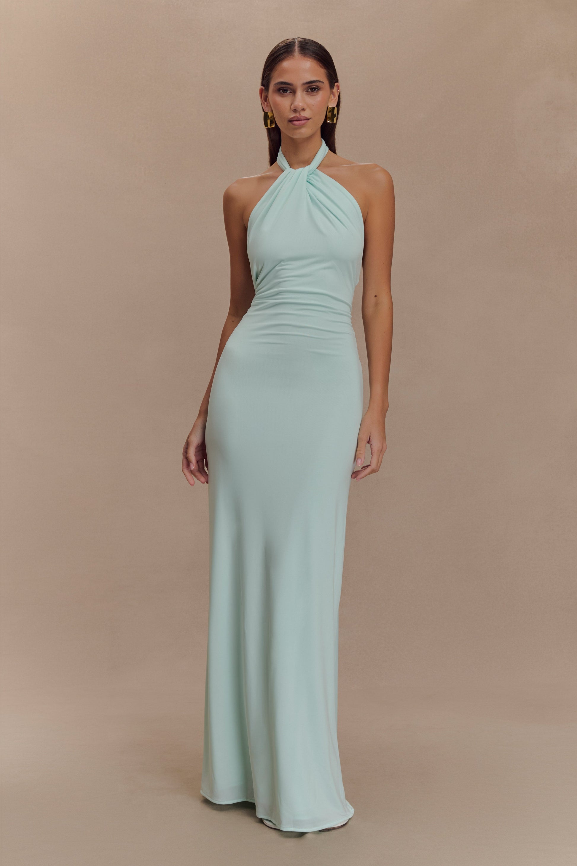 Women light blue halter maxi dress, front view