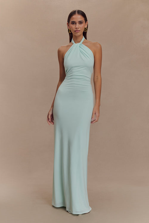 Women light blue halter maxi dress, front view