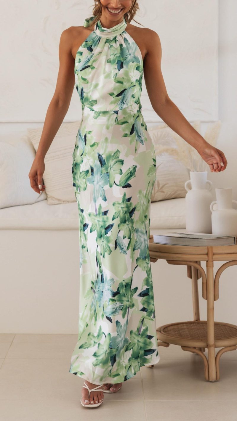Ember Halter Maxi Dress in Beige