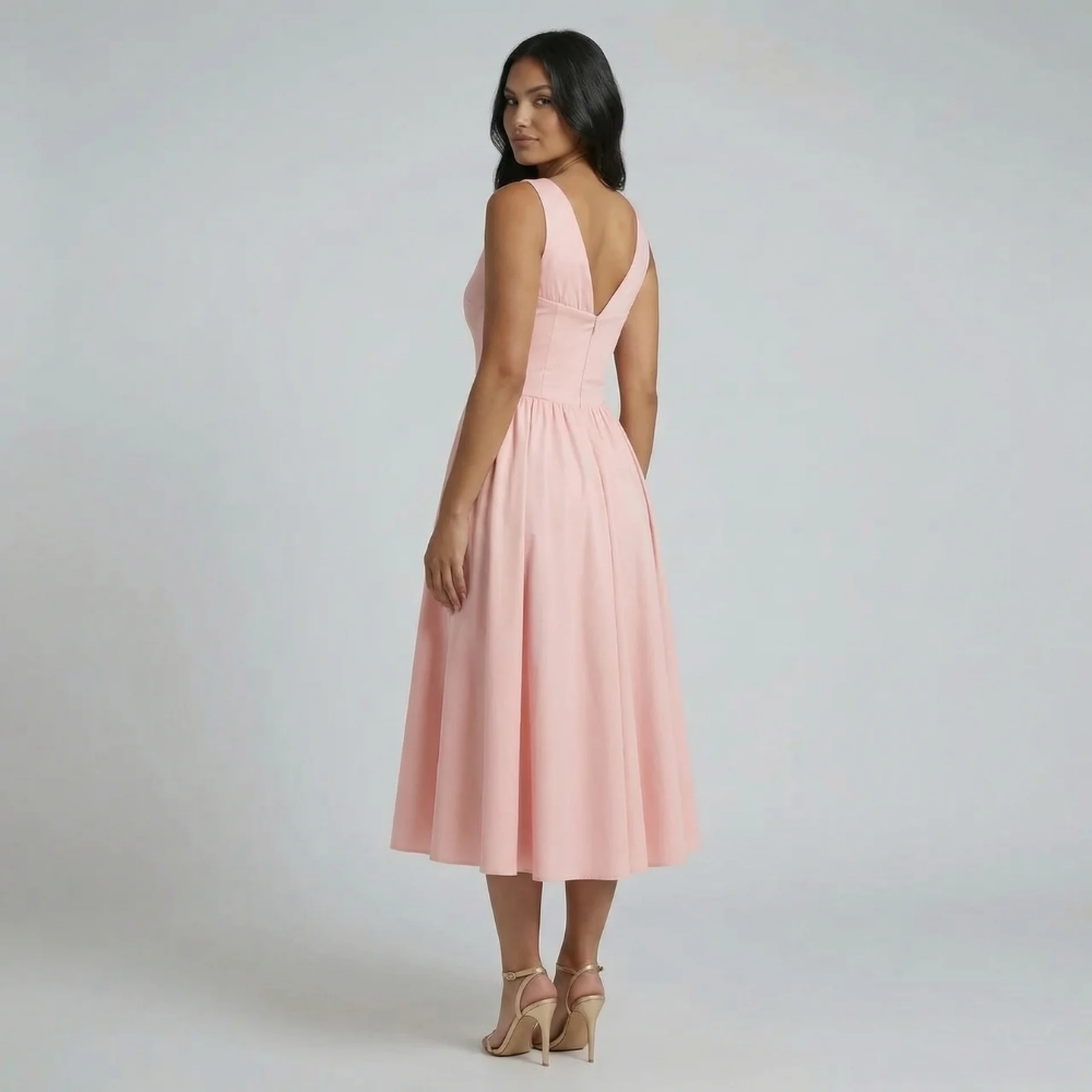 Pink A-line midi dress with corset seams — back view showcasing fitted bodice.