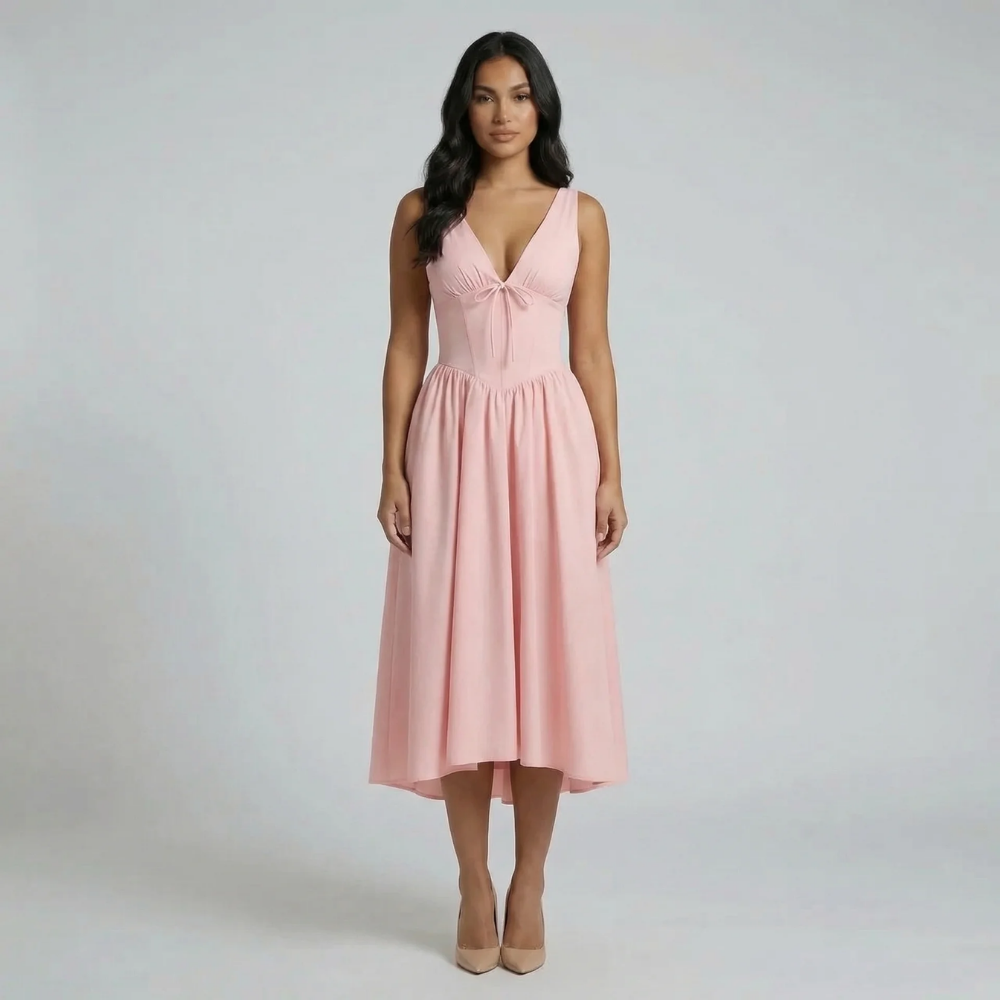 Pink A-line midi dress with tie detail and deep V neckline — front view.