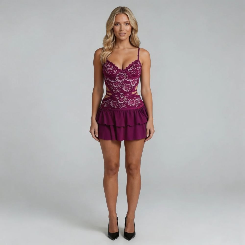 Purple lace cutout mini dress with tiered ruffle skirt — styled front view featuring vibrant floral design.