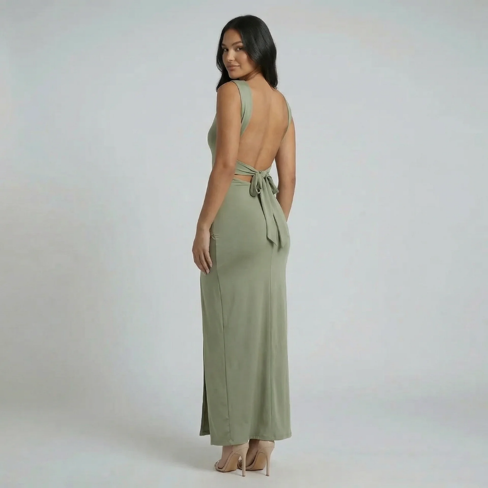 Sage maxi dress with open back tie detail — back view highlighting adjustable tie design