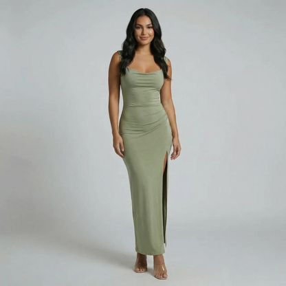 Sage maxi dress with square neckline and high side slit — front view showing fitted silhouette