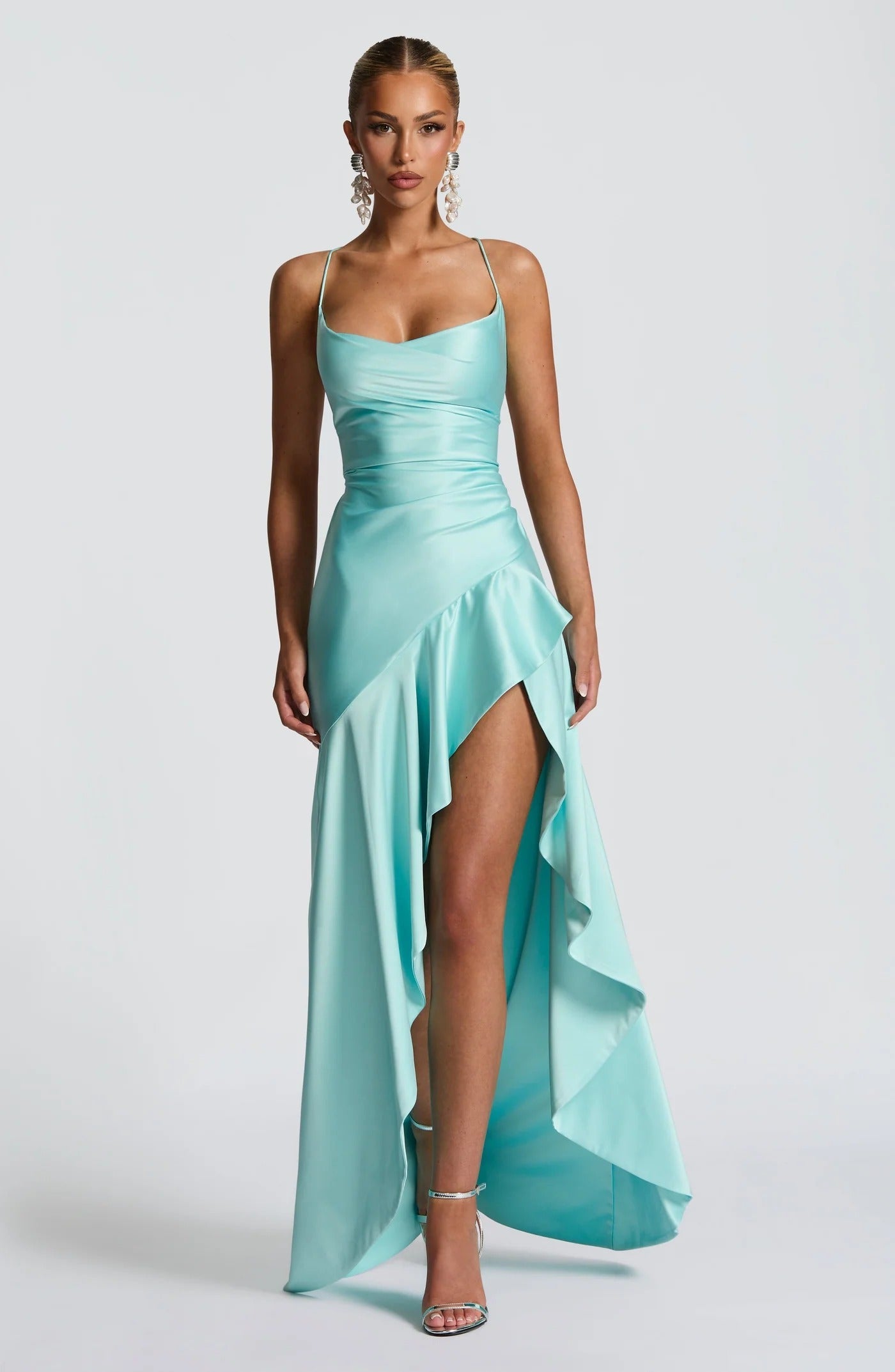 Women cowl maxi dress, detail close-up