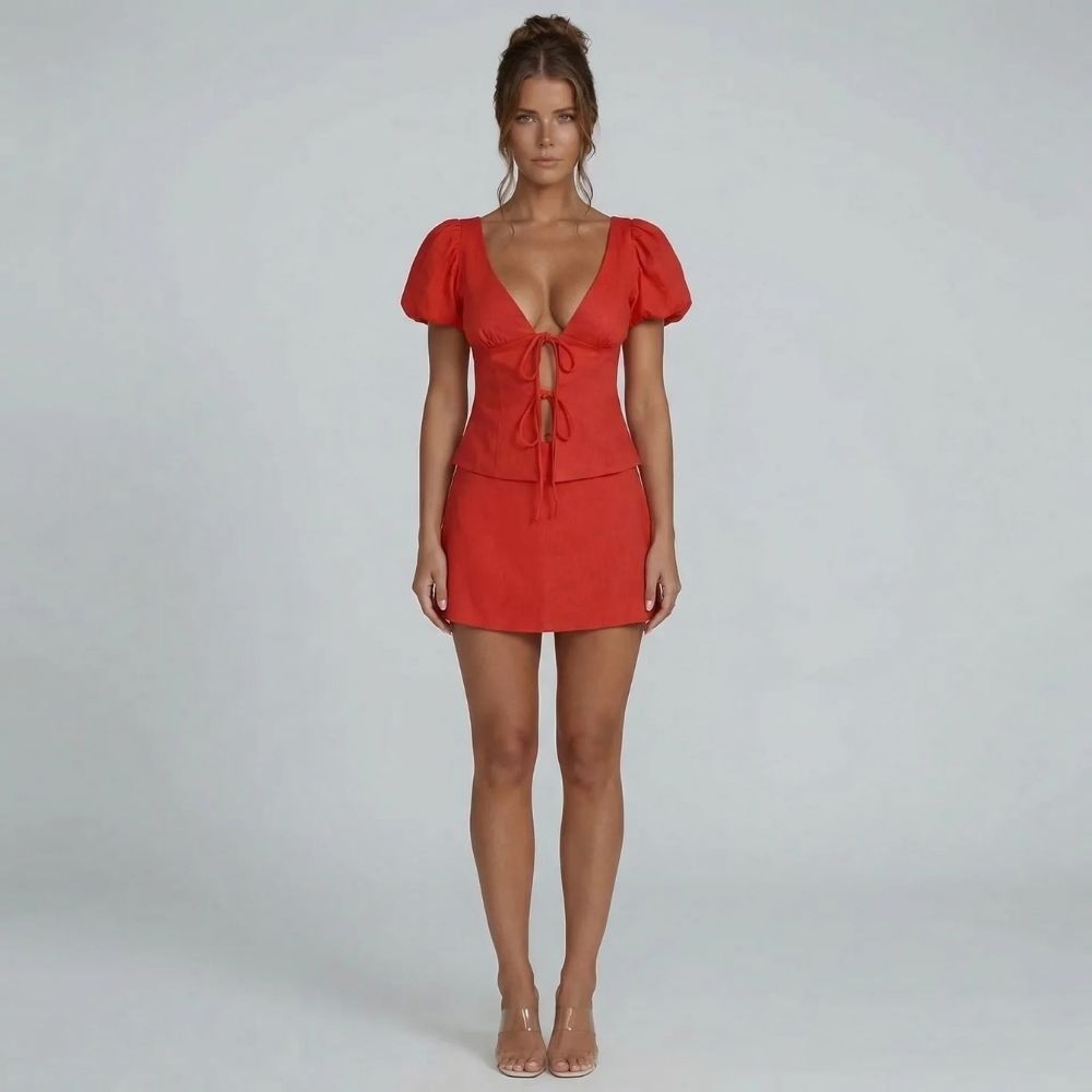 Red puff sleeve top with A-line mini skirt set — full front view.