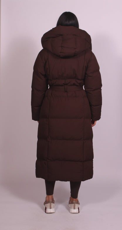 Women brown hooded puff coat, back view