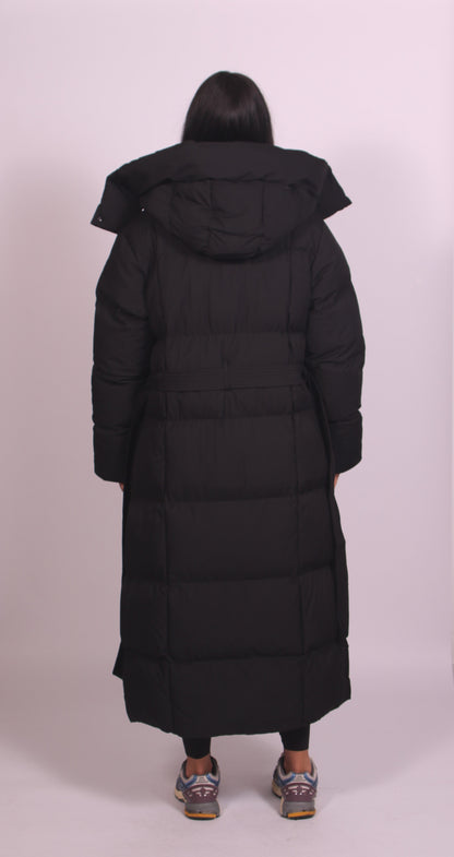 Women black hooded puff coat, back view