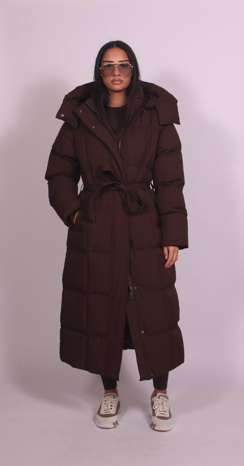 Women brown hooded puff coat, front view