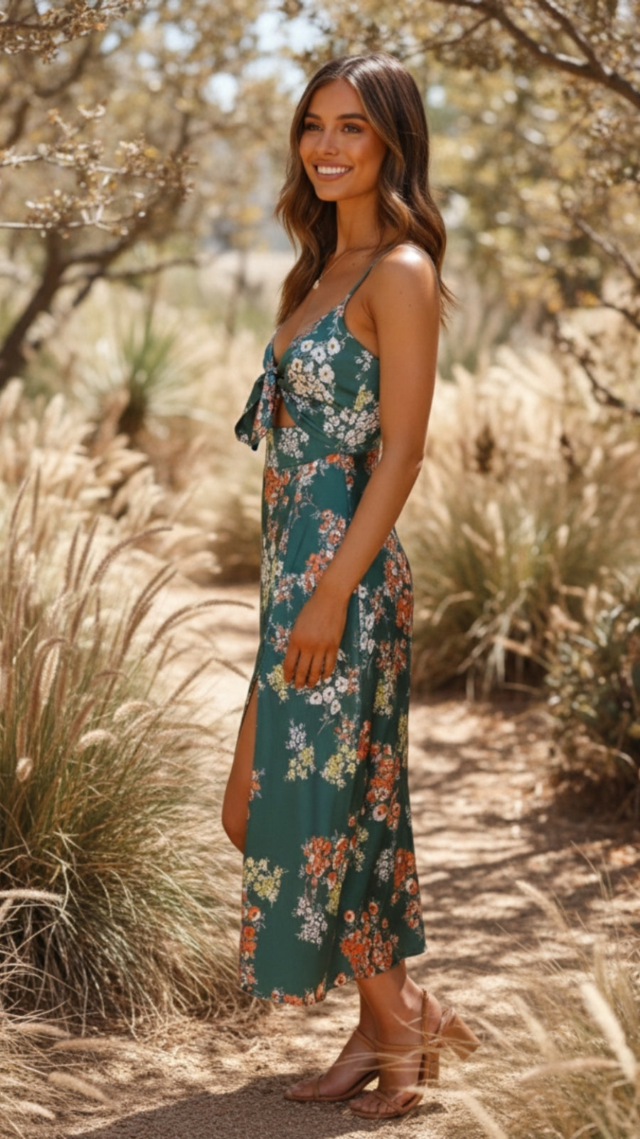 Evelina Tie Midi Dress in Green