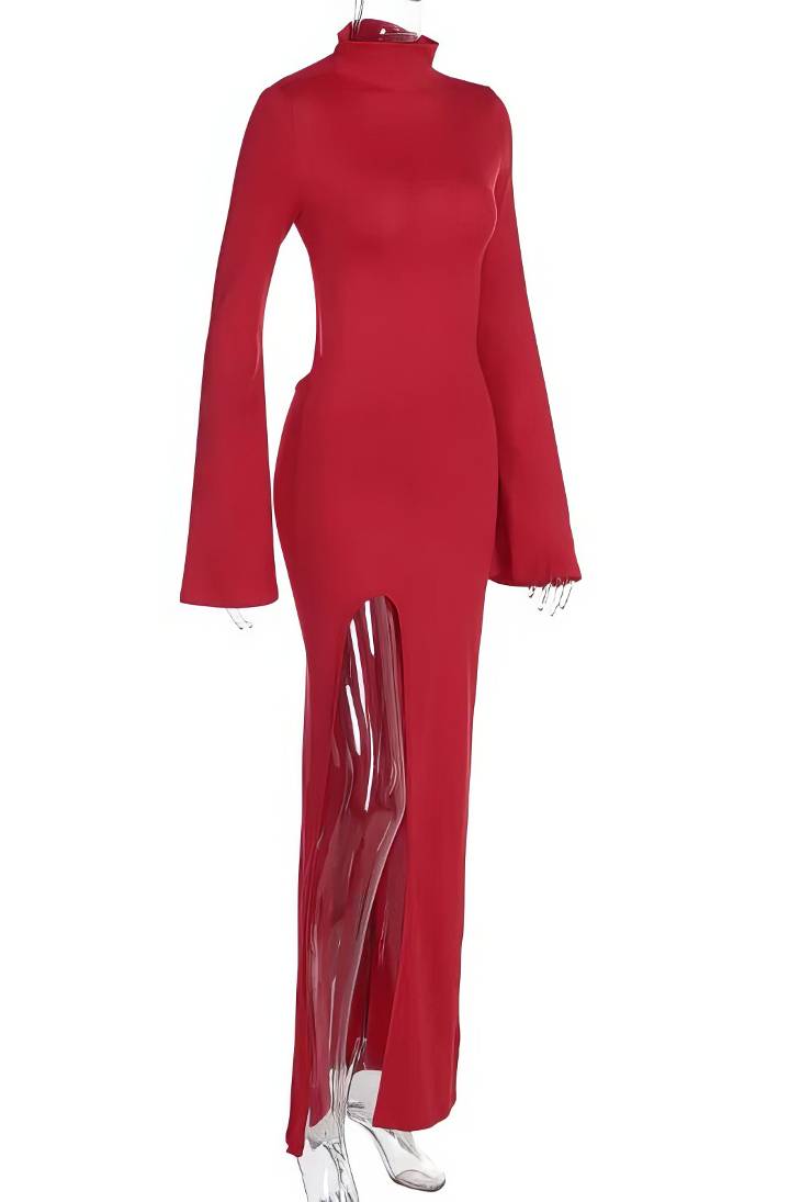 Women high neck solid maxi dress, back view