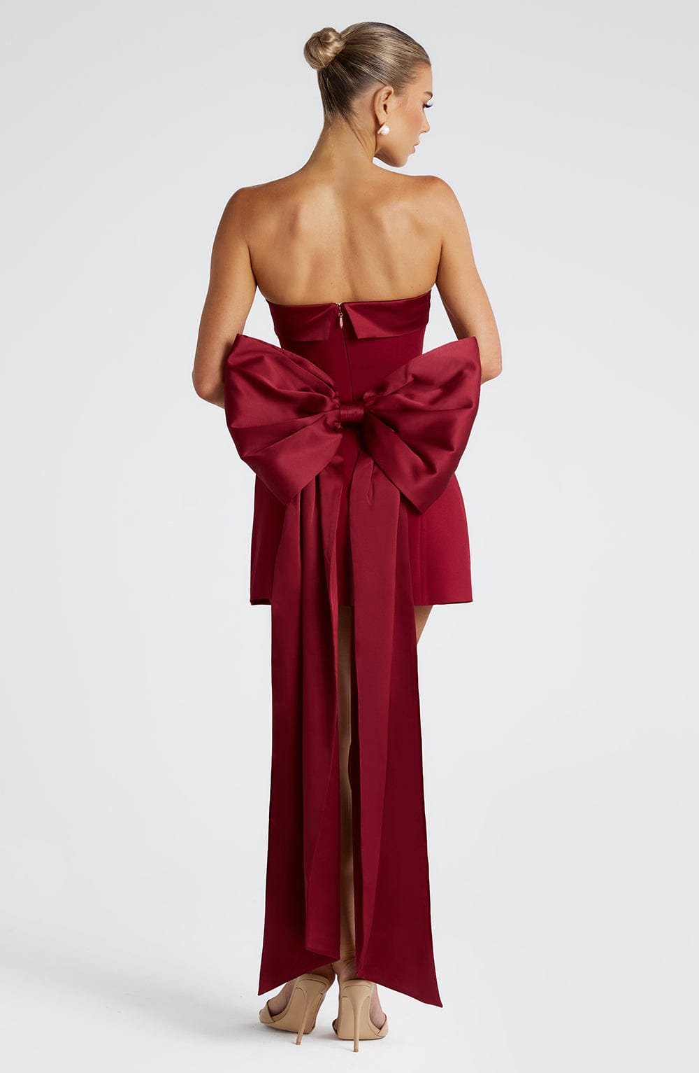 Women wine strapless mini dress, back view