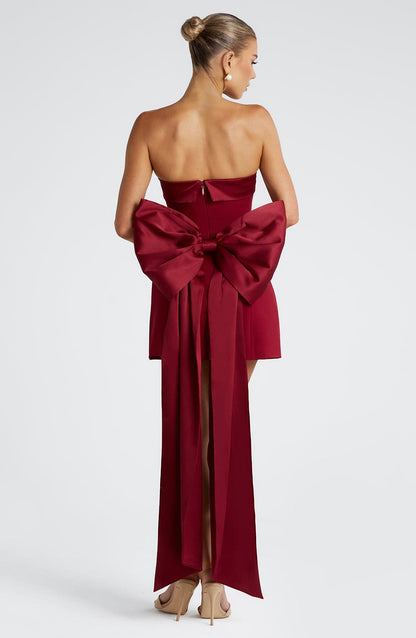 Women wine strapless mini dress, back view