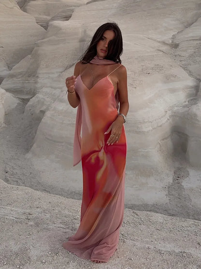 Women orange v neck maxi dress, back
